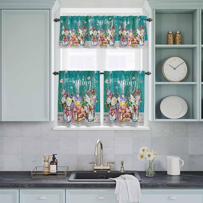 Spring Flowers Kitchen Curtain Set, Farmhouse Watercolor Teal Wood Grain Window - Image 9