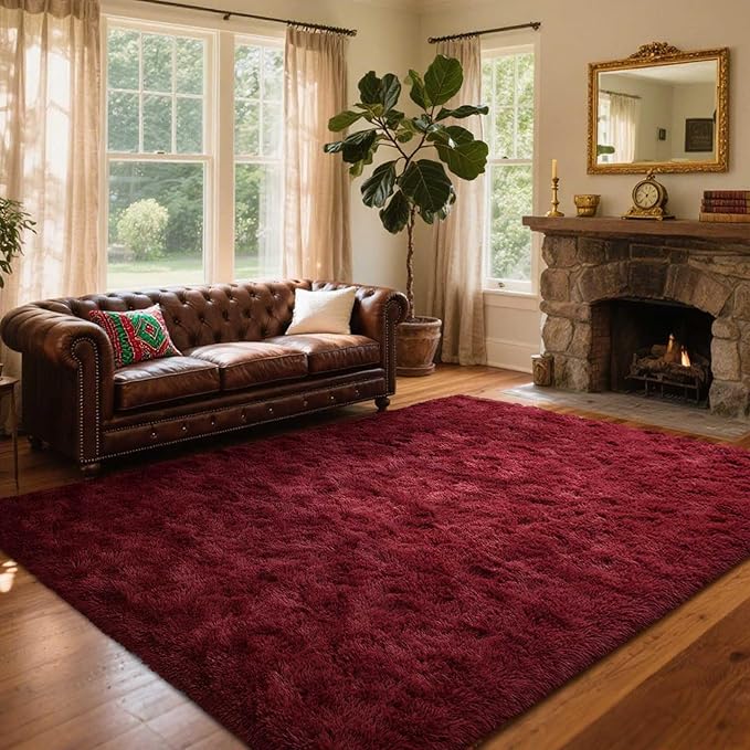 Area Rugs for Living Room, 6x9 Feet Soft Fluffy Shagg Plush Rug High Pile Large Indoor Modern Non-Slip Floor Carpet for Bedroom Nursery Girls Kids Home Room Dorm Decor Aesthetic Burgundy