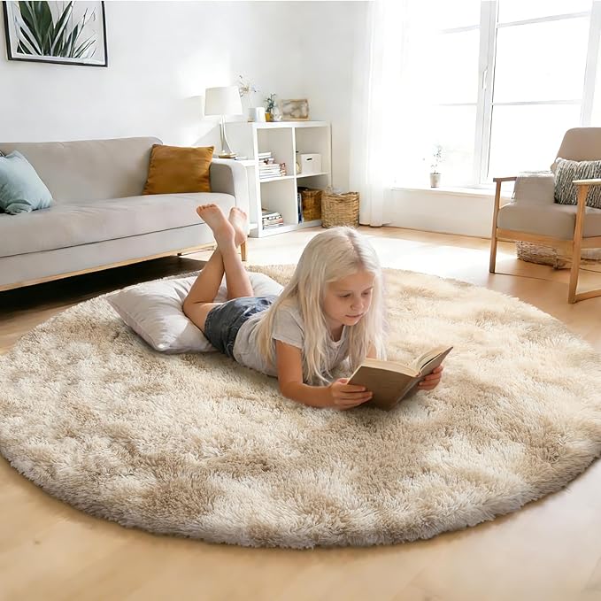 Tie-Dyed Beige Fluffy Round Rug,Soft Area Rugs for Girls Room,Shaggy Rugs 3'X3' for Living Room,Non Slip Circle Rug for Kids Bedroom,Shag Plush Nursery Carpets,Fuzzy Rug for Dorm,Room Decor Carpet
