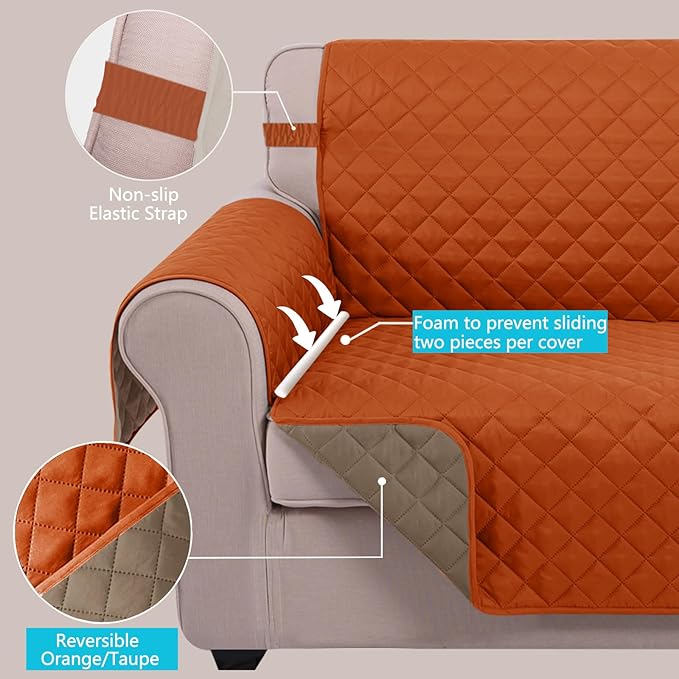 U-NICE HOME Recliner Chair Covers Reversible Chair Cover Pet Covers for Dogs with Elastic Straps Water Resistant Diamond Quilted (28''Recliner Oversized, Orange/Taupe)