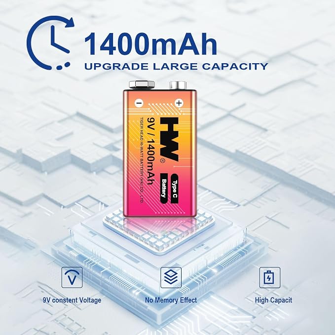 HW 9V Rechargeable Lithium Battery 8 Pack, 1400mAh 9 Volt Batteries - Image 6