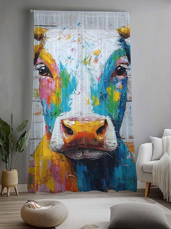 Sheer Curtains 84 Inches Long, Funny Colorful Cow Semi Sheer Curtains Light - Image 2