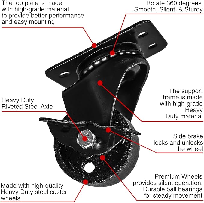 FactorDuty Set of 4 Metal Swivel Plate Caster Wheels - Image 5