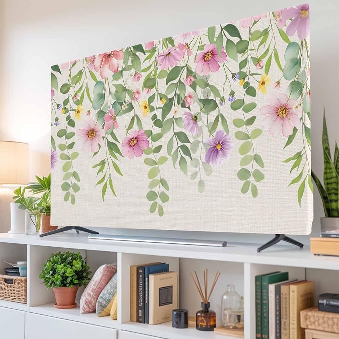 Spring Flowers on Retro Linen Indoor TV Cover, Elastic TV Screen Protector Farm - Image 6