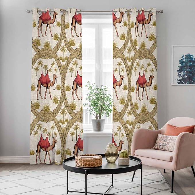 2 Panel Kitchen Cafe Curtains, Camels Palm Trees Sunlight Filtering Nature Air - Image 5