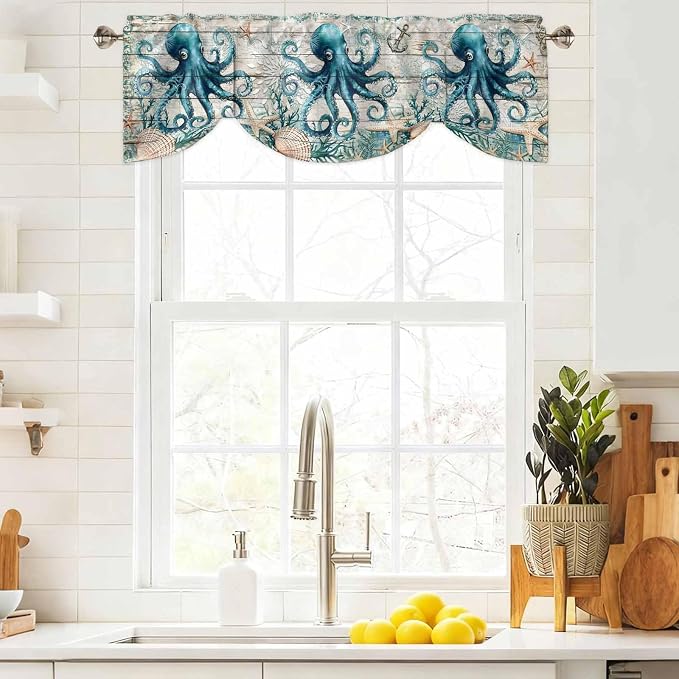 Sea Octopus Ocean Starfish Tie Up Valance Curtains, Nautical Anchor Vintage by IDOWMAT