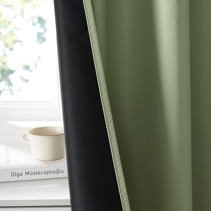 RYB HOME 100% Blackout Bathroom Curtains Over Sink 24 inches Long, Heat & UV Blocking Total Room Darkening Noise Reducing Curtains for Basement RV Campers, Sage Green, 2 Panels Set