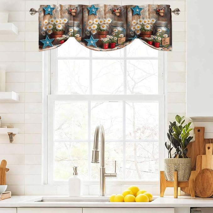 Country Flower Tie Up Valance for Window, Western Texas Star Butterfly Barn - Image 4