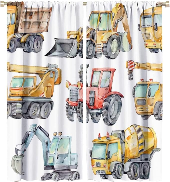 Kids Excavator Curtains, Retro Truck Tractor Machinery Construction Vehicle by SHElifestyle