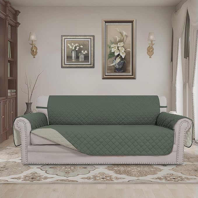 Easy-Going Reversible Oversized Couch Cover for 3 Cushion Couch Sofa Cover for Dogs Water Resistant Furniture Protector Cover with Foam Sticks for Pet (Oversized Sofa, Greyish Green/Beige)