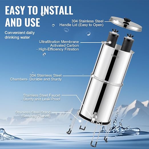 VEVOR Gravity-fed Water Filter System, 2.25G 304 Stainless-Steel Countertop - Image 6