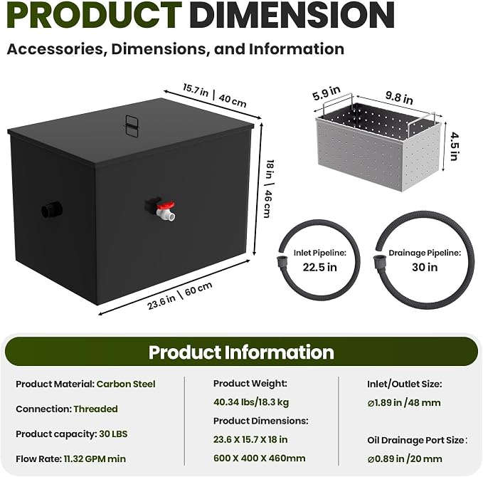 Stainless Steel Interceptor, 30 LBS Grease Trap, 23.6" × 15.7" × 18" Grease - Image 4