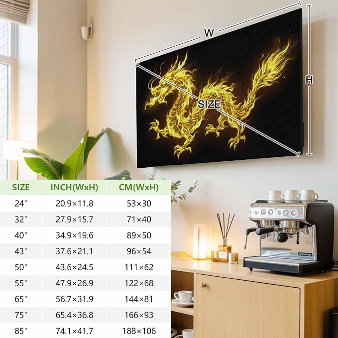 Watercolor Yellow Flames Dragons on Black Indoor TV Cover, Elastic TV Screen - Image 3