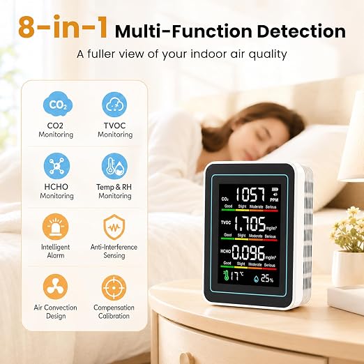 8-in-1 Indoor Air Quality Monitor, Portable CO2 Detector - Image 3