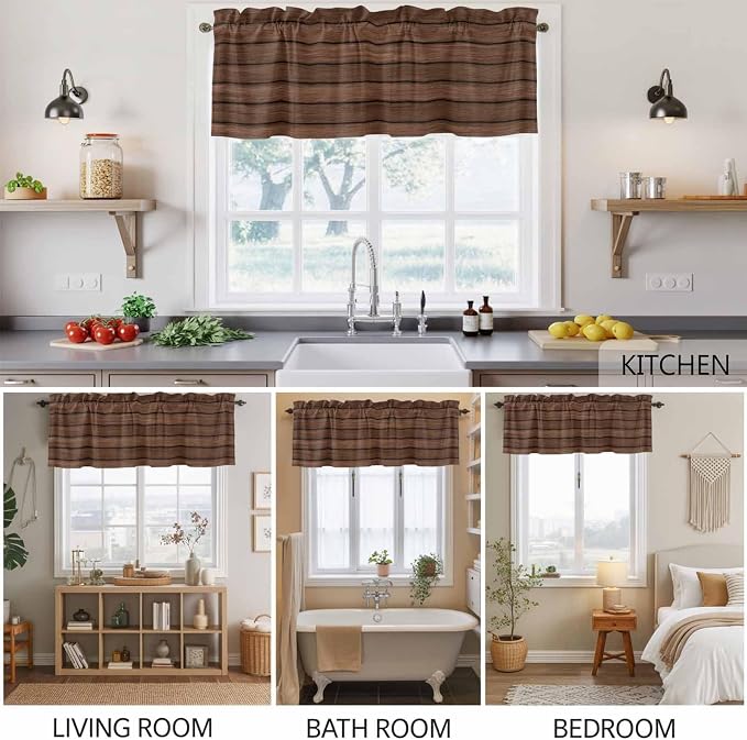 2 Pack Kitchen Valance for Windows, Farm Brown Wood Board Light Filtering Rod - Image 4