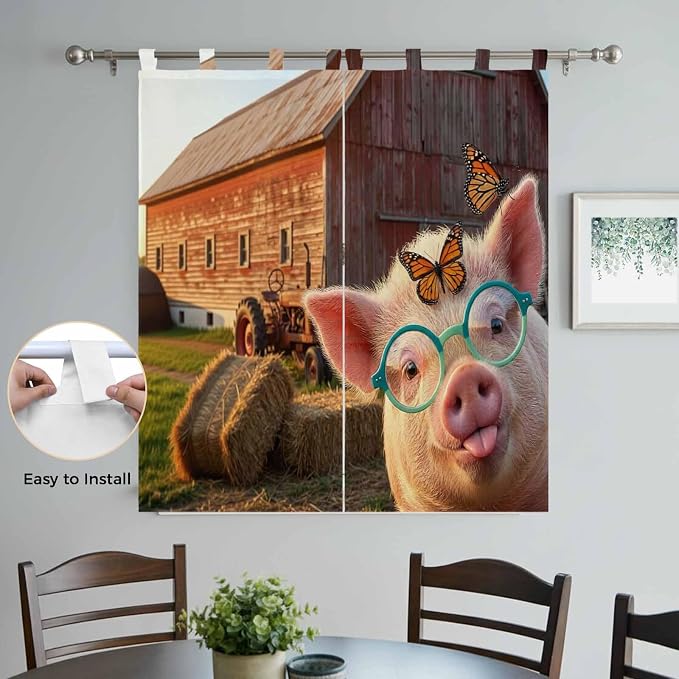 Farm Pig Bedroom Curtains 72 Inch Length, Window Curtains Tab Top, Farmhouse - Image 4