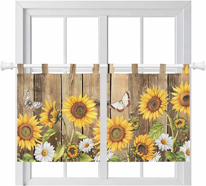 Farmhouse Sunflowers Kitchen Curtains 24 Inch Length, Small Window Curtains Tab by Unknown