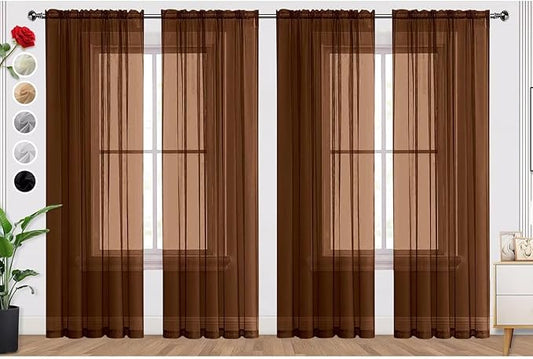 SpaceDresser Brown Sheer Curtains 4 Panels Rod Pocket Semi-Sheer Curtain 90 Inches Long Light Filtering Voile Window Drapes for Bedroom Living Room Kitchen, Each 52W x 90L