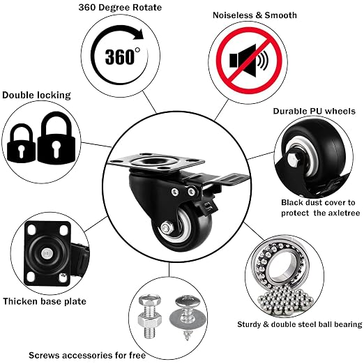 1.5" Casters Set of 12 Heavy-Duty Industrial Caster Wheels PU No Noise Wheels - Image 3