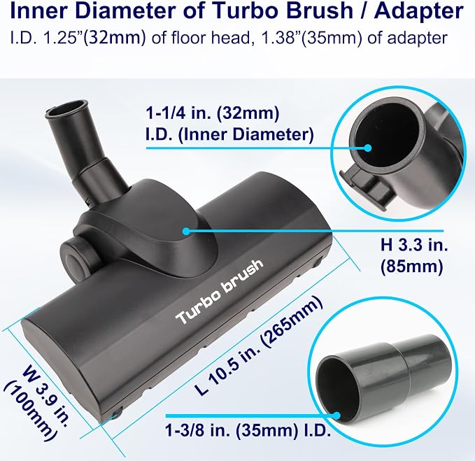 Portek Turbo Brush Head for 1-1/4" and 1-3/8" Vacuum Cleaners, Air-Driven Floor - Image 8
