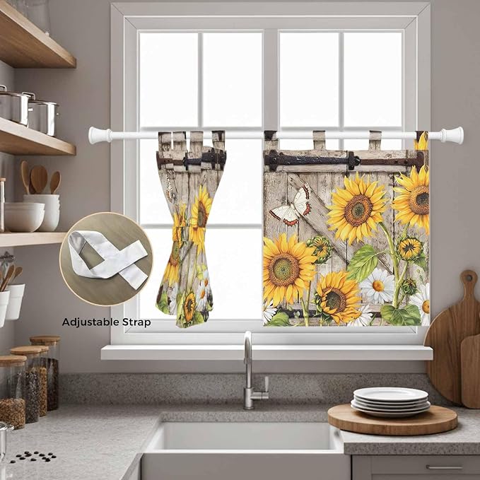 Farmhouse Sunflowers Kitchen Curtains 24 Inch Length, Small Window Curtains Tab - Image 5