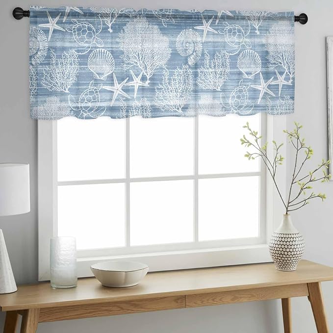 Haze Blue Retro Summer Sheer Valance Curtains, Sea Turtle Starfish Coral Ocean - Image 3