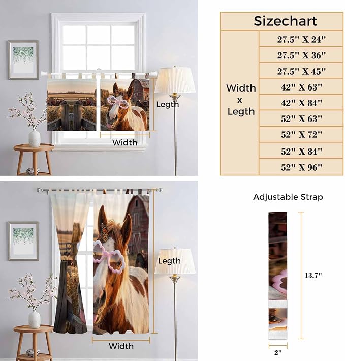Farm Horses Kitchen Curtains 45 Inch Length, Short Cafe Window Curtains Tab Top - Image 8