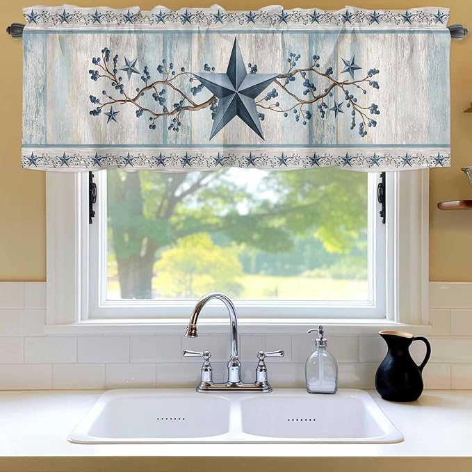 Blue Texas Star Valances for Windows, Vintage Star Berry Blue Beige Wood Grain - Image 6