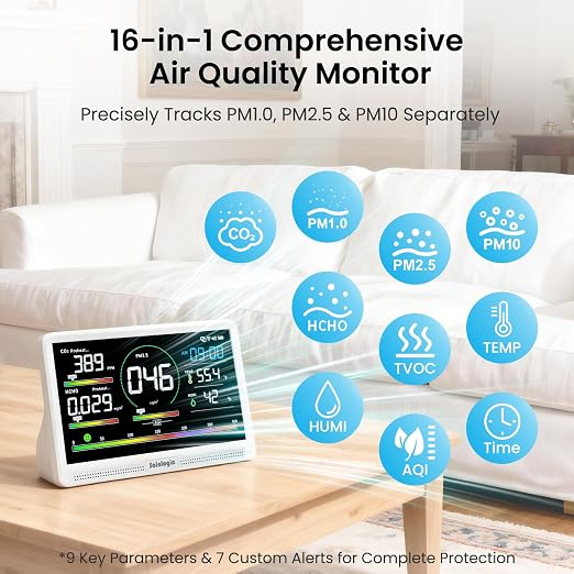 Sainlogic Air Quality Monitor Indoor, 16 in 1 VOC Meter, Temperature, 7.2" - Image 2