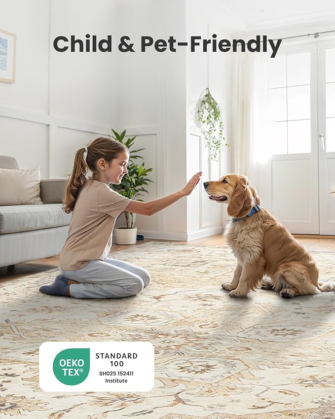 AMADA HOMEFURNISHING 9x12 Area Rugs, Low-Profile Large Washable Area Rug with Non-Slip Backing & Durable Edge Binding, Vintage Rugs for Living Room, Bedroom & Dinning Room