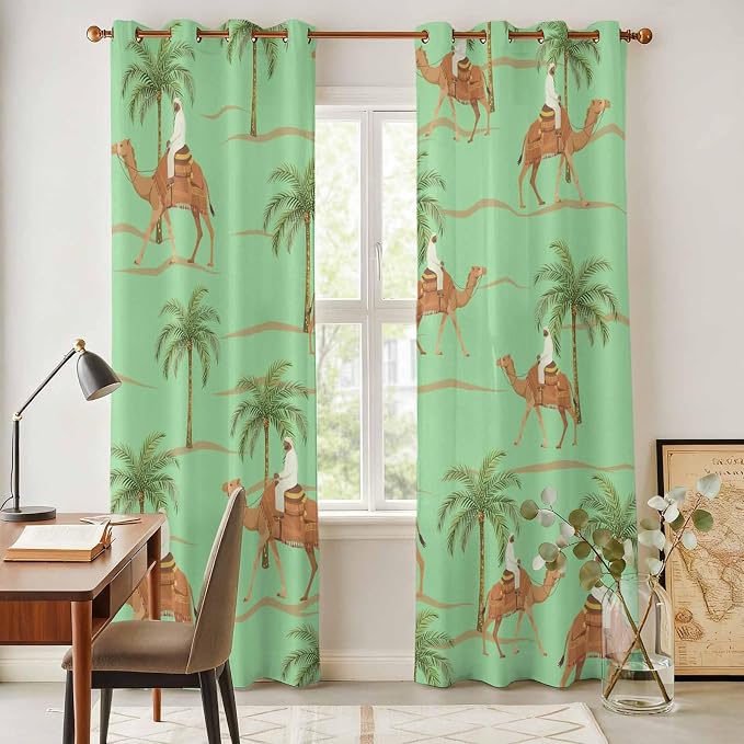 2 Panel Kitchen Cafe Curtains, Desert Camels Sunlight Filtering Nature Air - Image 4
