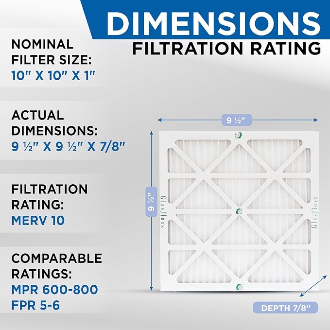 Glasfloss 10x10x1 MERV 10 Pleated Air Filters Box of 6. Actual Size: 9-1/2 x - Image 2