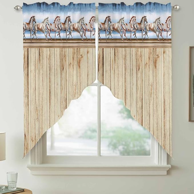 Western Horse Swag Valances for Windows, Farmhouse Wooden Grain Vintage Cowboy - Image 7