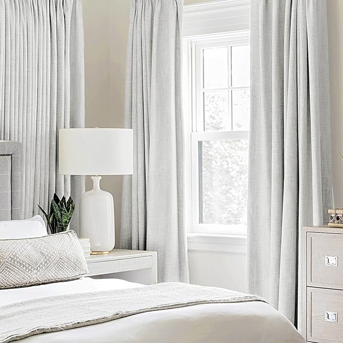 MIULEE Linen Textured Curtains for Bedroom Solid 100% Blackout Thermal Insulated Heathered White Grommet Room Darkening Curtains & Drapes Luxury Decor for Living Room Nursery 52 x 63 Inch (2 Panels)