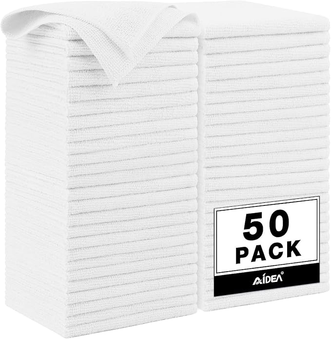 AIDEA Microfiber Cleaning Cloth White 50PK, Microfiber Towels by AIDEAHOME