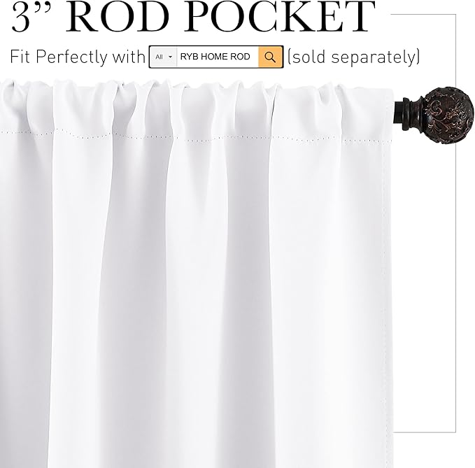 RYB HOME Short Curtains for Small Window, Sunmmer Heat Light Blocking Privacy Protection Curtains for Sunroom Laundry Room Stair Window, Width 52 by Length 36, Pure White, Set of 2