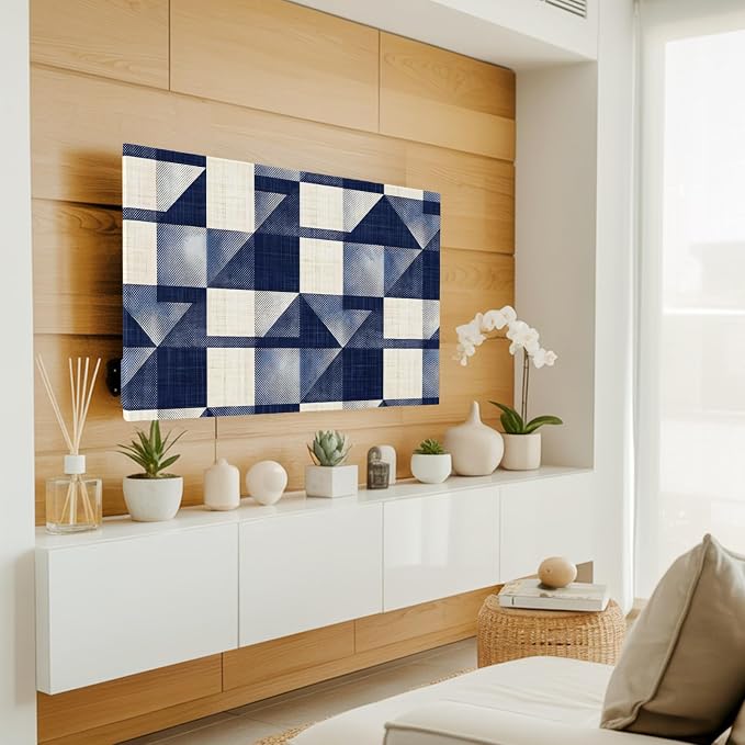 Navy Blue Block Abstract Geometric Indoor TV Cover, Elastic TV Screen Protector - Image 2