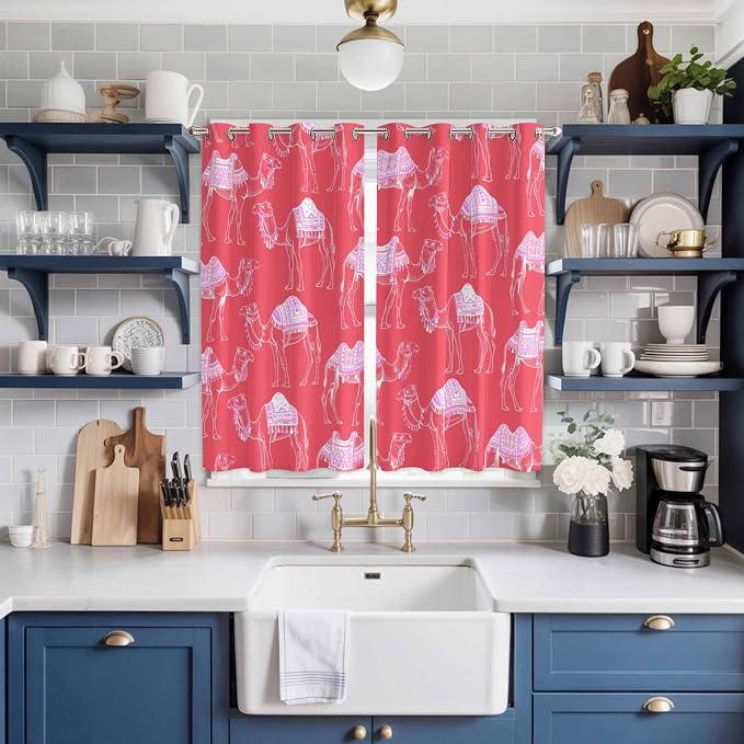 2 Panel Kitchen Cafe Curtains, Desert Camel Sunlight Filtering Nature Air - Image 2