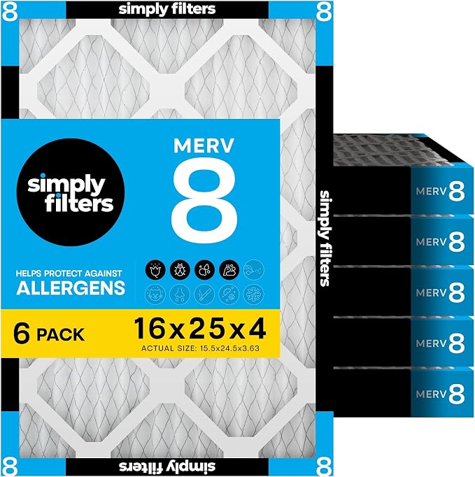 Simply 16x25x4 Air Filter MERV 8, 6 Pack, by SimplyFilters