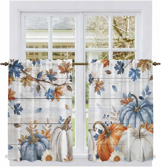 Thanksgiving Pumpkin Kitchen Curtains 54 Inch Long 2 Panel Set, Rod Pocket - Image 2