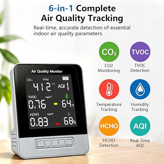 6-in-1 Air Quality Monitor, Smart Indoor CO2 Detector & HCHO TVOC AQI Tester - Image 2
