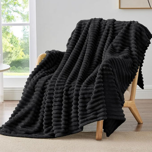BEDELITE Fleece Throw Blanket for Couch - 300GSM Soft & Warm Fluffy Black Blanket, Decorative and Giftable Striped Blankets for Women, Men, 50"x70"
