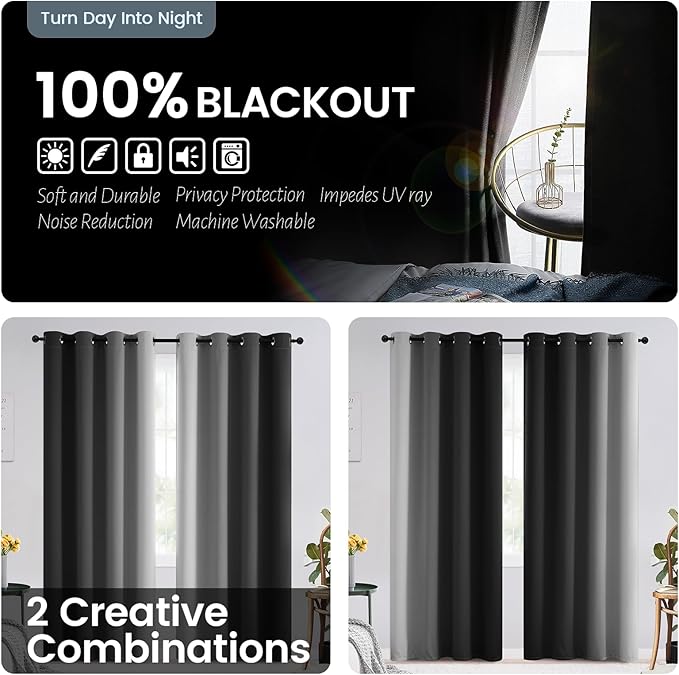 SimpleHome Ombre 100% Blackout Curtains for Bedroom, Full Light Blocking Black and Greyish White Curtains, Thermal Insulated Grommet Window Drapes for Living Room,2 Panels, 52x90 inches Length