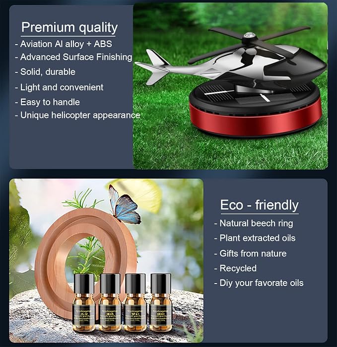 Helicopter Solar Rotating Air Freshener, Al Alloy Car & Home Décor|Red | - Image 3