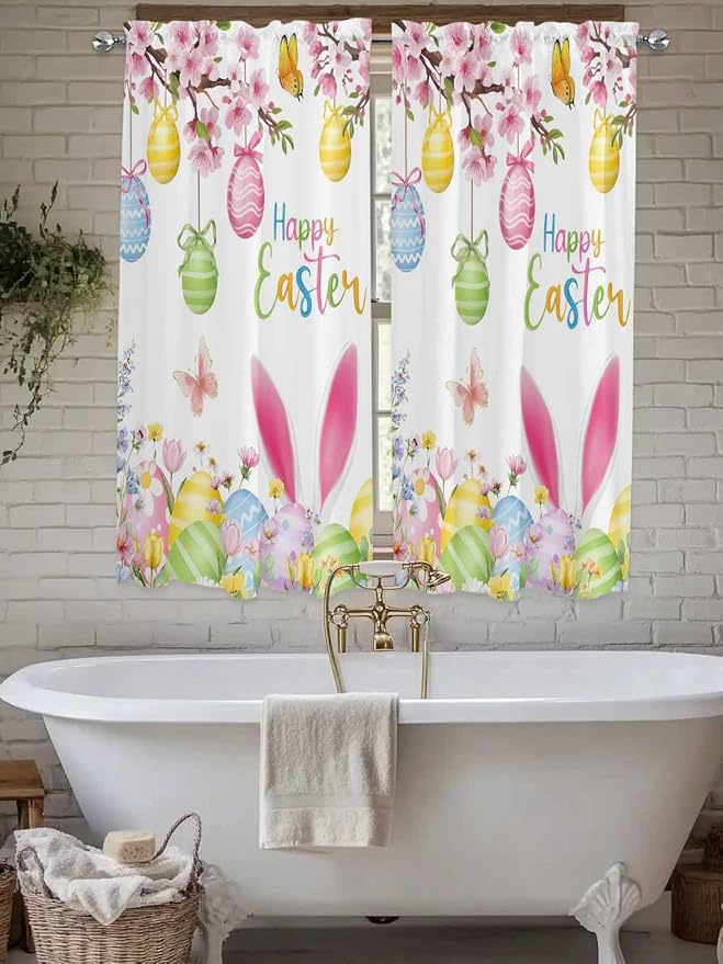 Happy Easter Bedroom Curtains 63 Inches length, Spring Watercolor Bunny Eggs - Image 7