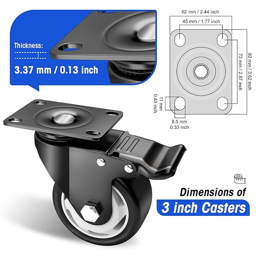 Caster Wheels - 3 Inch Casters Set of 4 Heavy Duty, BOSGEOT Locking Industrial - Image 3