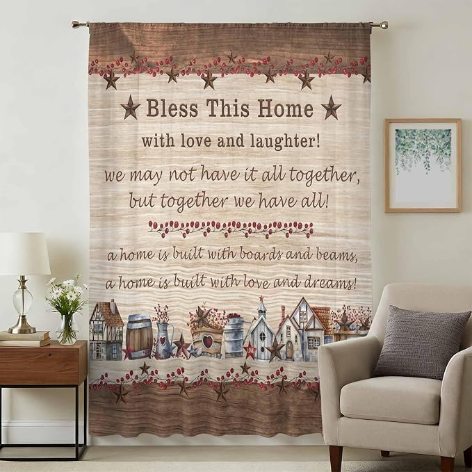 Farmhouse Sheer Curtains 84 Inch Length Brown Country Star Berry Vintage Wood - Image 3