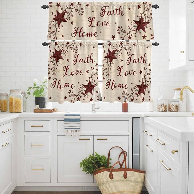 Kitchen Curtains Tiers and Valance Set of 3, Vintage Country Light Filtering - Image 3