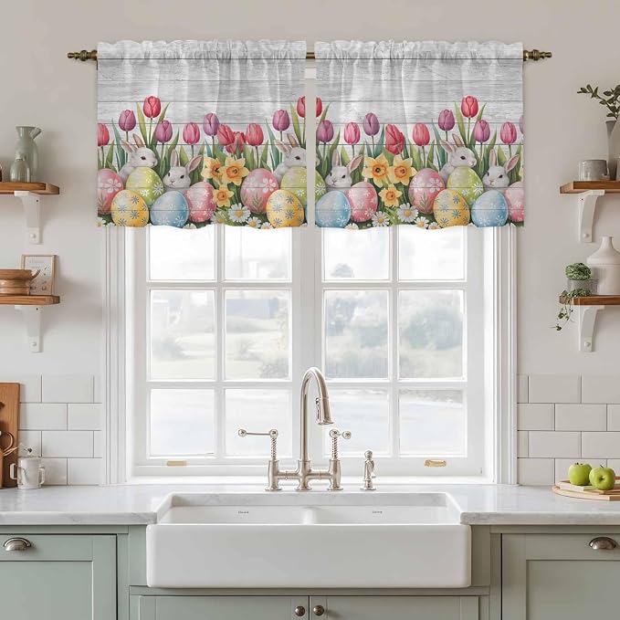 Easter Kitchen Tier Curtains 36 Inch Long 2 Panel Set, Rod Pocket Half Window - Image 3