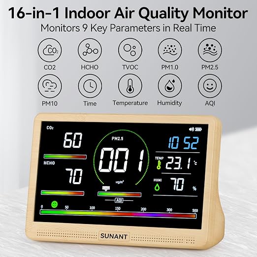 16-in-1 Air Quality Monitor Indoor, Real Time CO2, Formaldehyde, Temperature & - Image 2